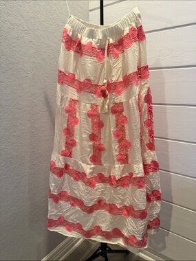 Cream Maxi Skirt with Pink Lace Trim